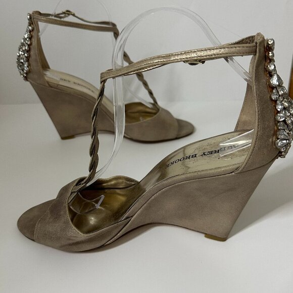 Audrey Brooke Paige Rhinestone Wedge Braided T-Strap Sandals in Gold - Size 10 - Picture 7 of 10